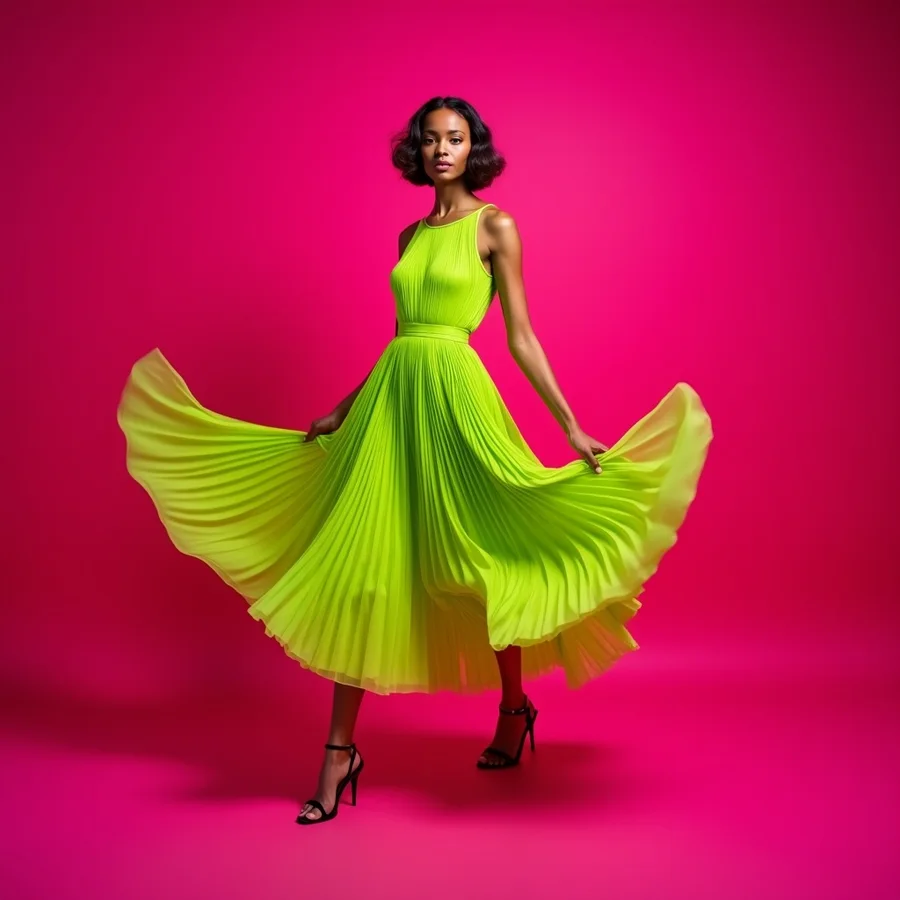 A woman twirling in a neon green pleated dress