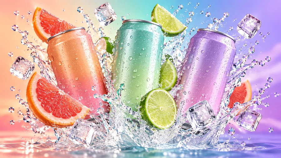 Three soda cans bursting out of a splash of water and citrus