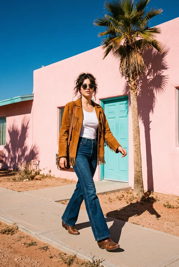 A woman in a fringe jacket walking past a pink wall