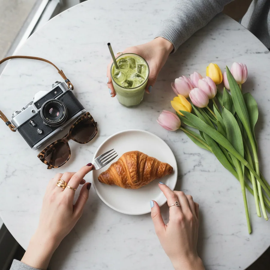 A café table with an iced matcha, a croissant and tulips