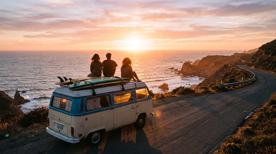 Friends on a camper van above the sea at sunset